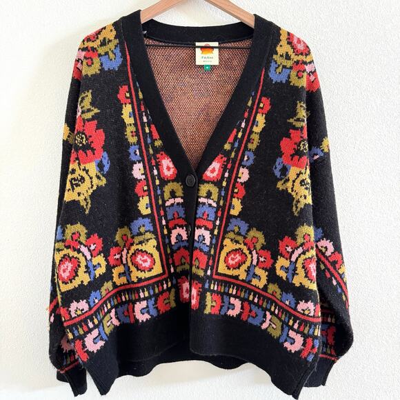 Farm Rio Black Floral Tapestry Oversize Button Front Cardigan Women's Medium - Picture 2 of 6